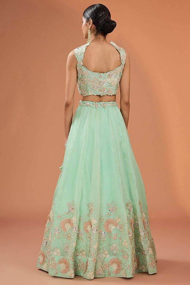 Mint Green Organza Sequins & Cutdana Work Bridal Lehenga Set by SURBHI SHAH at Pernia's Pop Up Shop
