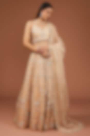Champagne Satin Organza Sequins & Cutdana Work Bridal Lehenga Set by SURBHI SHAH at Pernia's Pop Up Shop