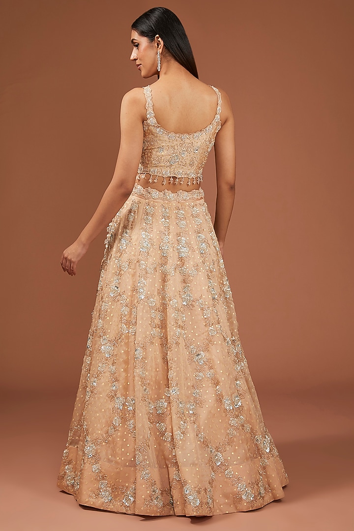Champagne Satin Organza Sequins & Cutdana Work Bridal Lehenga Set by SURBHI SHAH at Pernia's Pop Up Shop