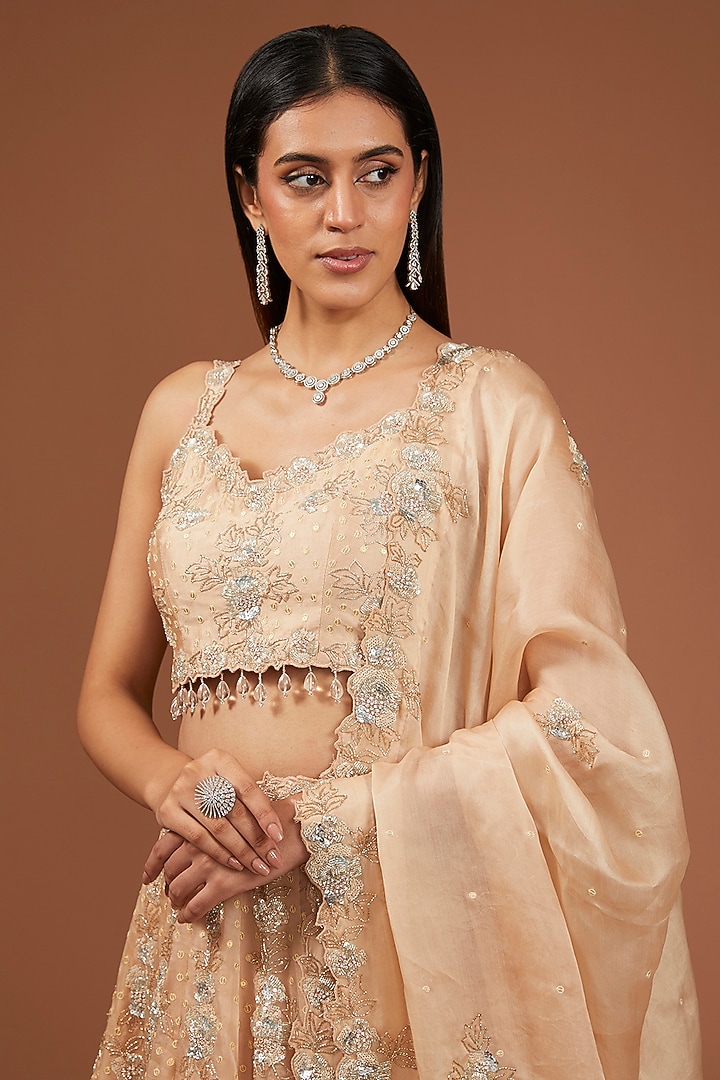 Champagne Satin Organza Sequins & Cutdana Work Bridal Lehenga Set by SURBHI SHAH at Pernia's Pop Up Shop