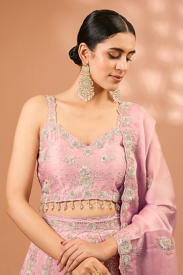 Pink Satin Organza Cutdana Embroidered Bridal Lehenga Set by SURBHI SHAH at Pernia's Pop Up Shop