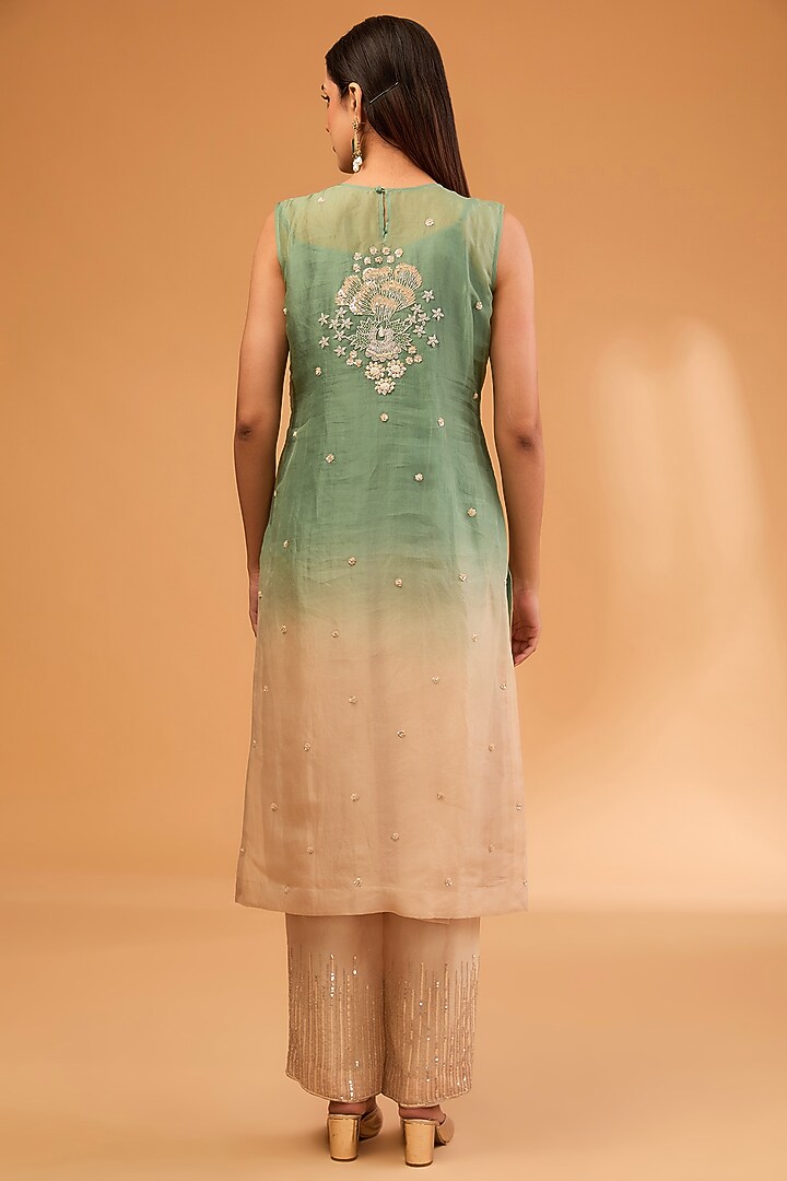 Green Shaded Satin Organza Sequins Work Kurta Set by SURBHI SHAH at Pernia's Pop Up Shop