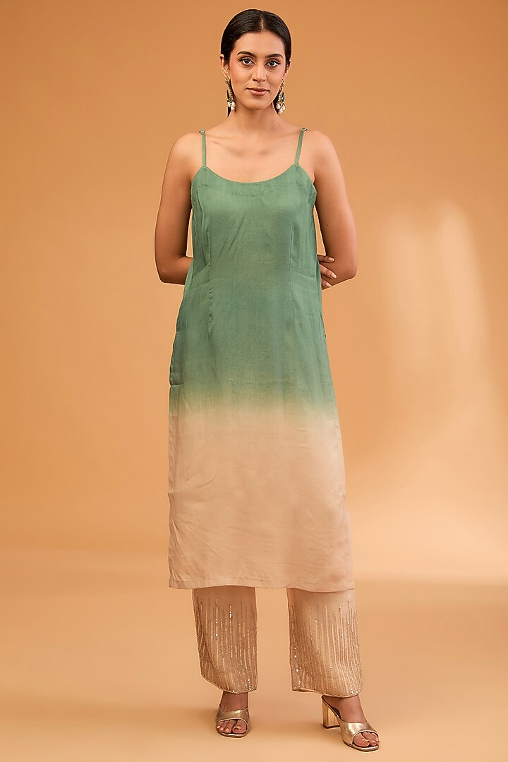 Green Shaded Satin Organza Sequins Work Kurta Set by SURBHI SHAH at Pernia's Pop Up Shop