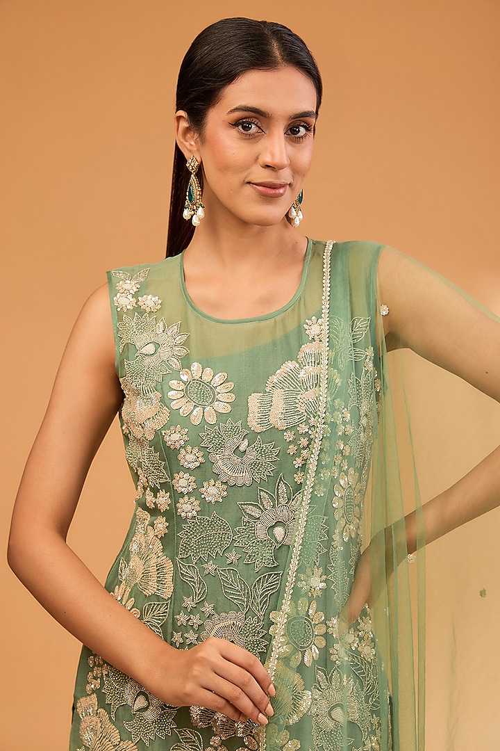 Green Shaded Satin Organza Sequins Work Kurta Set by SURBHI SHAH at Pernia's Pop Up Shop