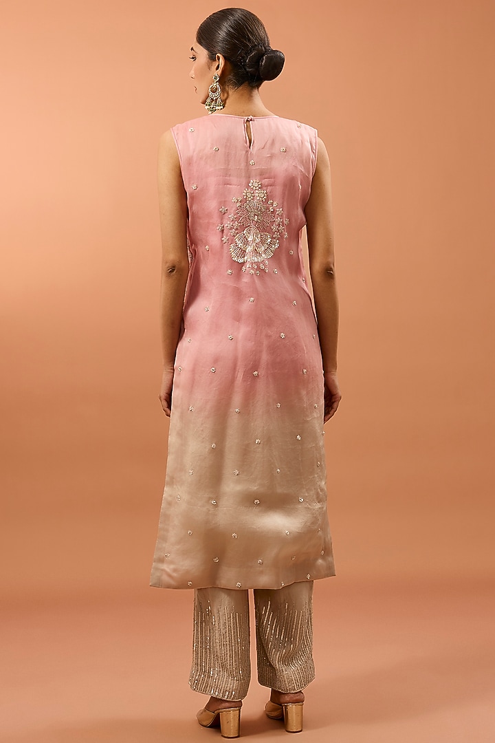Pink Satin Organza Sequins & Cutdana Work Kurta Set by SURBHI SHAH at Pernia's Pop Up Shop