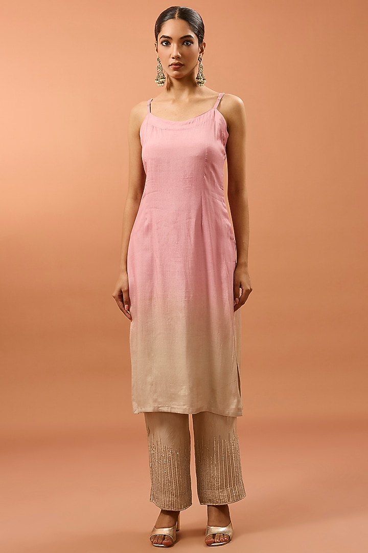 Pink Satin Organza Sequins & Cutdana Work Kurta Set by SURBHI SHAH at Pernia's Pop Up Shop