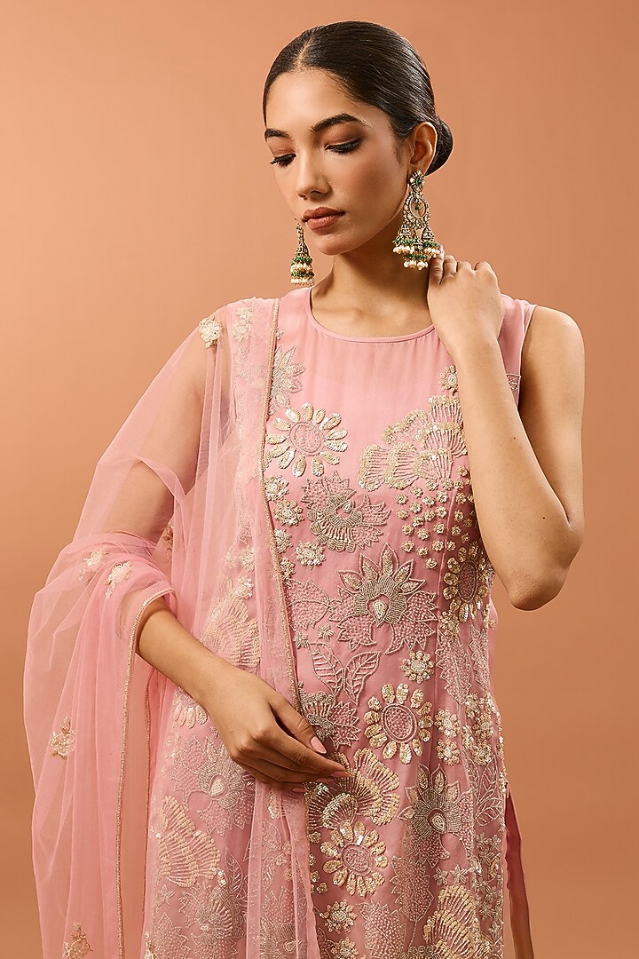 Pink Satin Organza Sequins & Cutdana Work Kurta Set by SURBHI SHAH at Pernia's Pop Up Shop