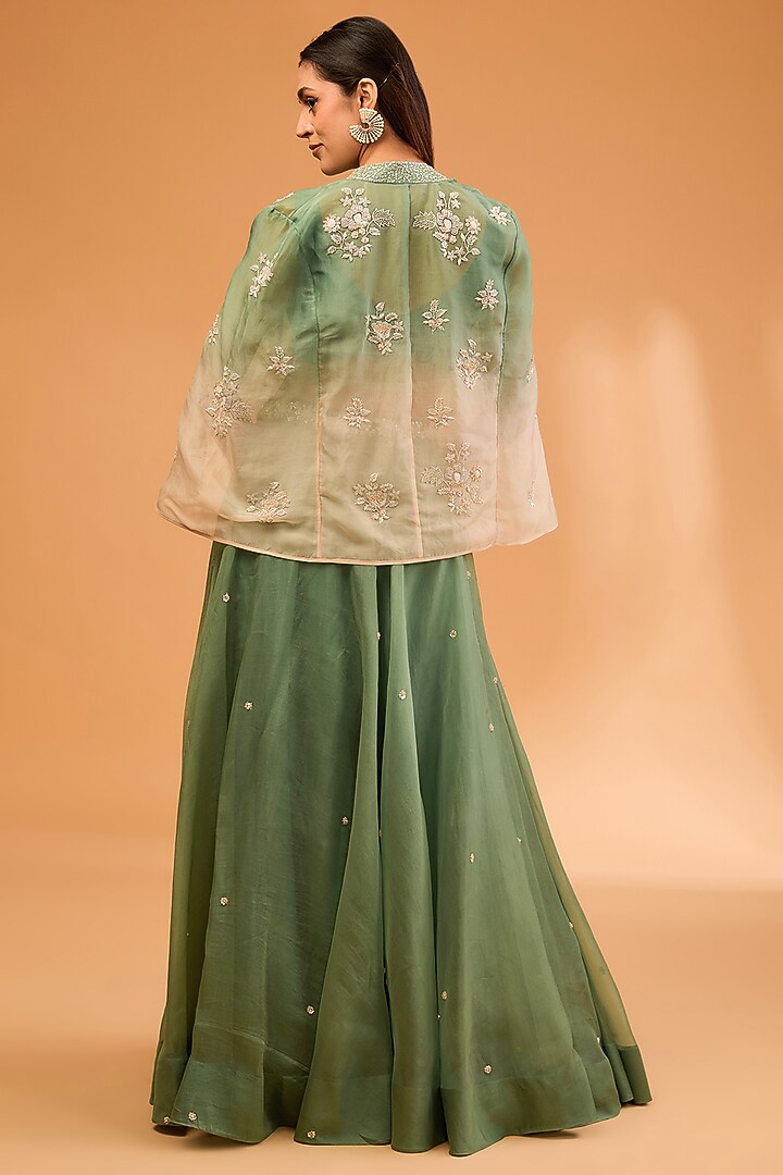 Green Shaded Organza Sequins & Cutdana Work Cape Set by SURBHI SHAH at Pernia's Pop Up Shop