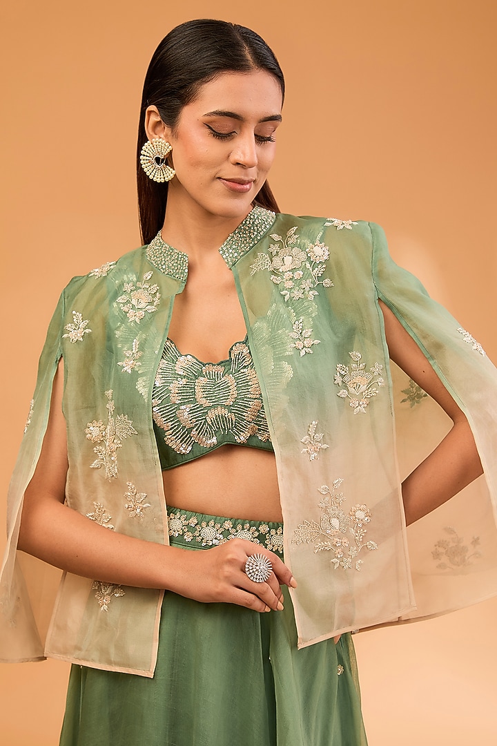 Green Shaded Organza Sequins & Cutdana Work Cape Set by SURBHI SHAH at Pernia's Pop Up Shop