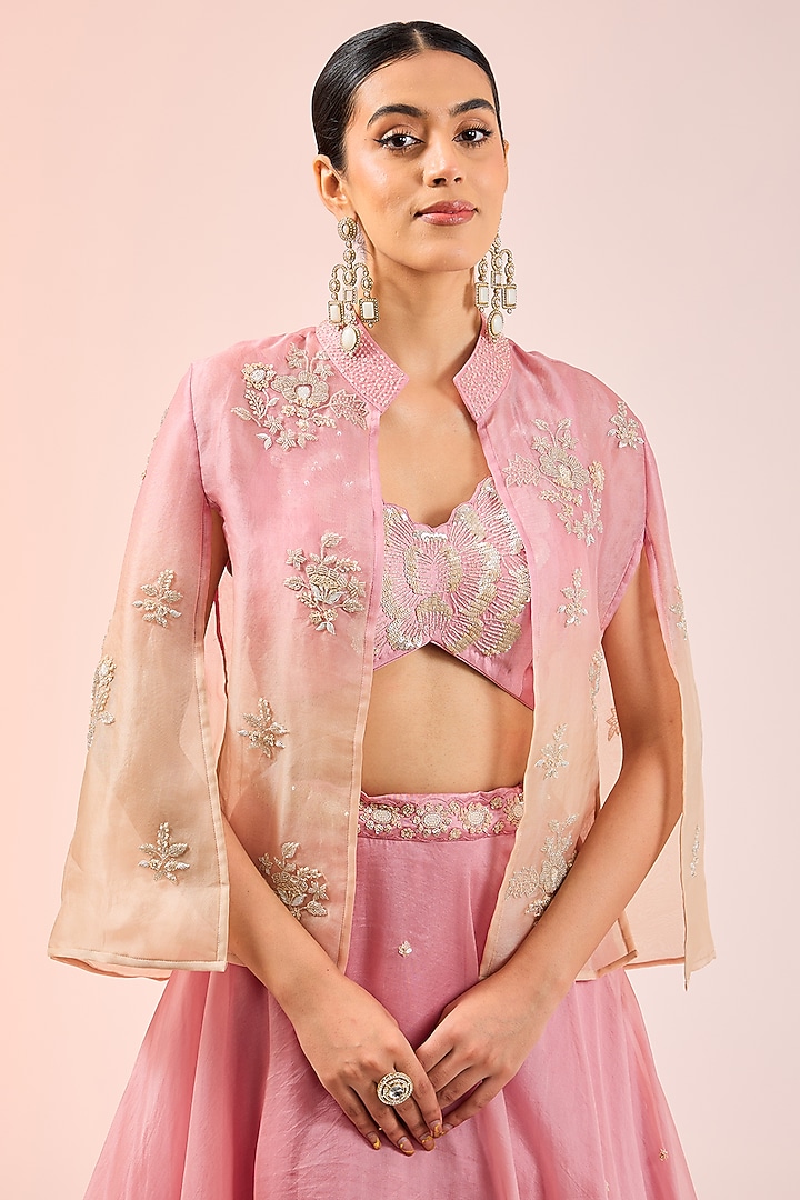 Pink Spun Silk Sequins Work Cape Set by SURBHI SHAH at Pernia's Pop Up Shop