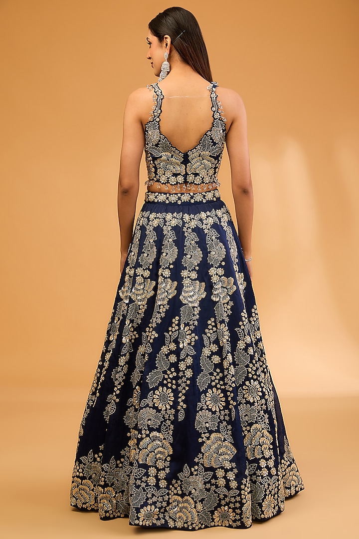 Navy Blue Satin Organza Sequins & Cutdana Work Bridal Lehenga Set by SURBHI SHAH at Pernia's Pop Up Shop