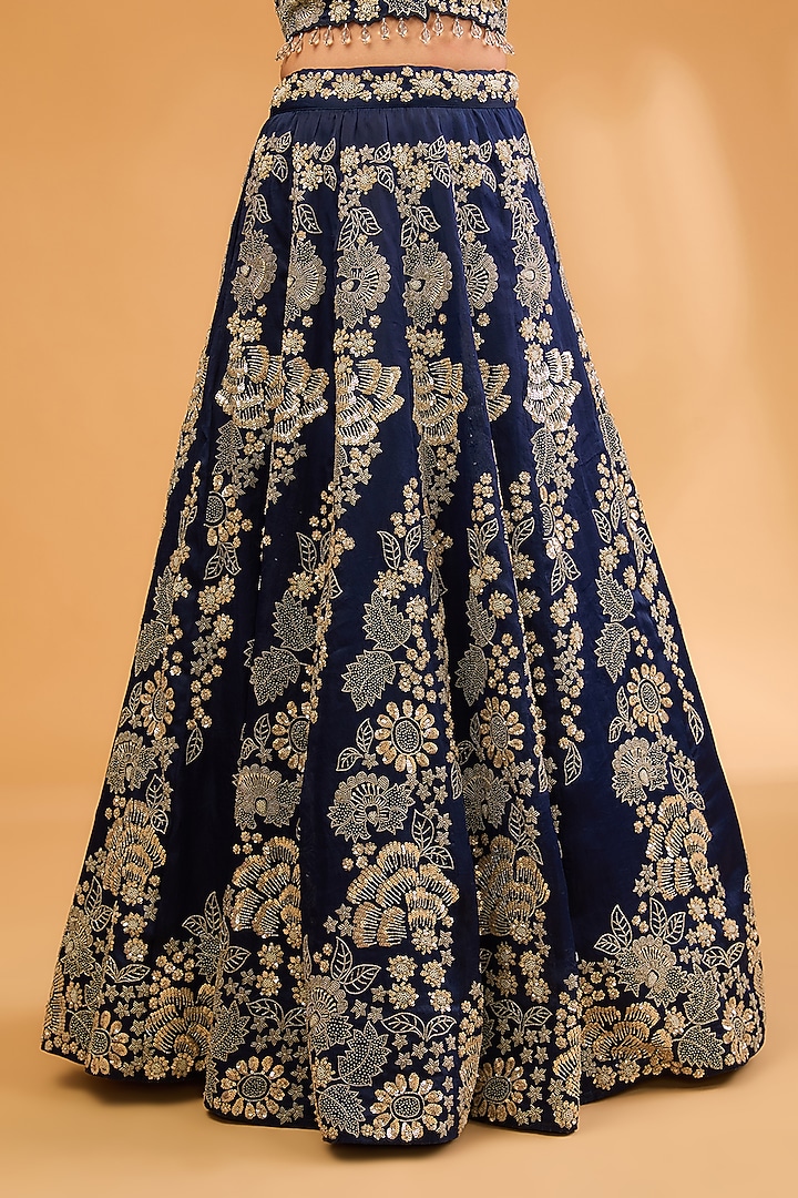 Navy Blue Satin Organza Sequins & Cutdana Work Bridal Lehenga Set by SURBHI SHAH at Pernia's Pop Up Shop