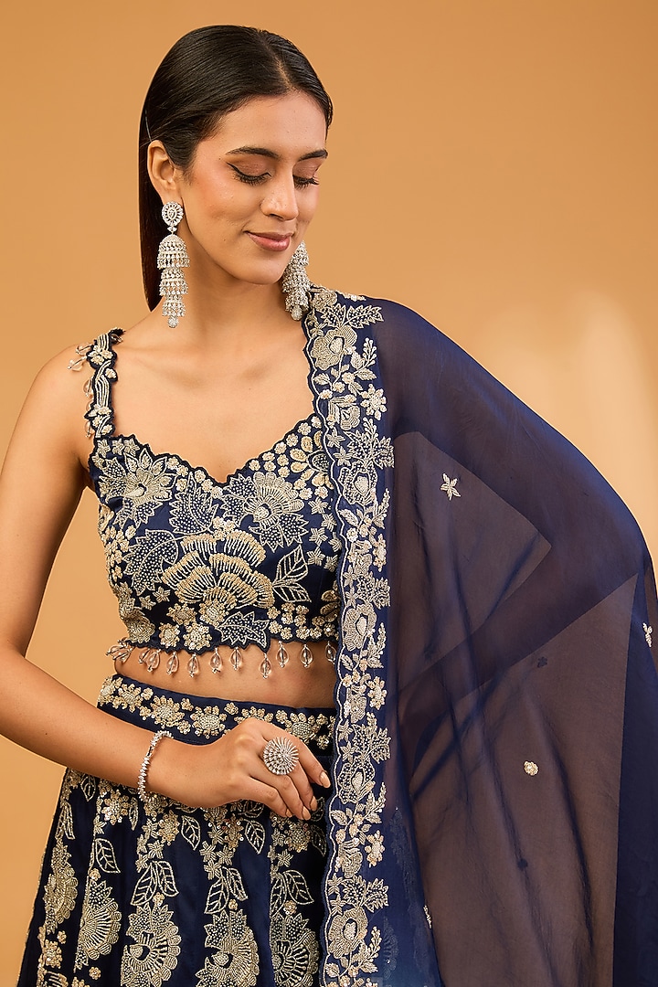 Navy Blue Satin Organza Sequins & Cutdana Work Bridal Lehenga Set by SURBHI SHAH at Pernia's Pop Up Shop