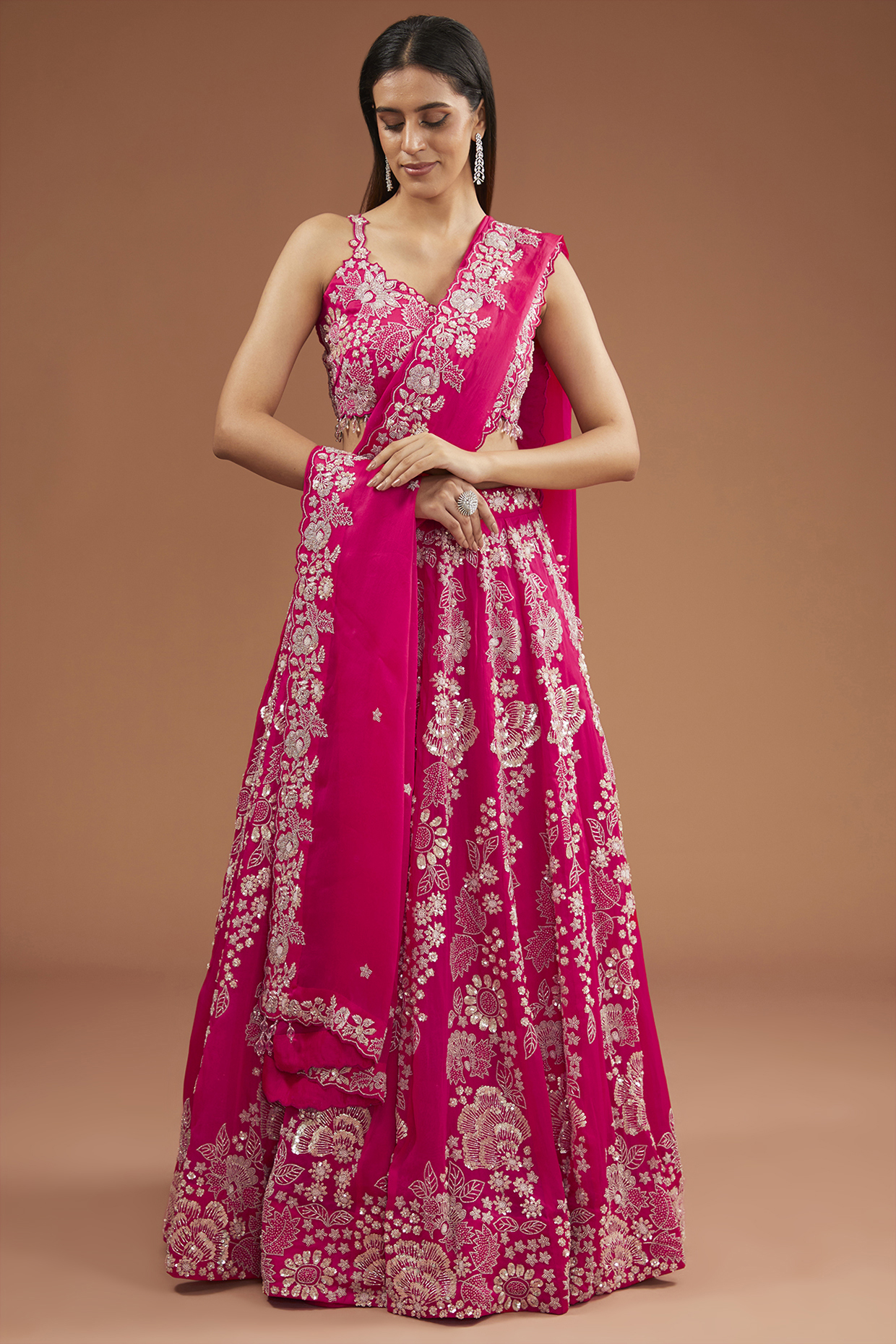 Pink Satin Organza Sequins Work Bridal Lehenga Set by SURBHI SHAH at Pernia's Pop Up Shop