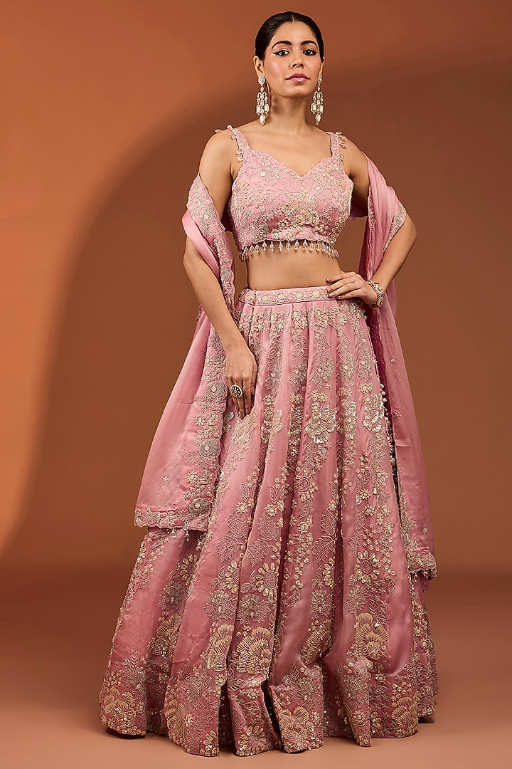 Pink Satin Organza Sequin & Cutdana Work Bridal Lehenga Set by SURBHI SHAH at Pernia's Pop Up Shop