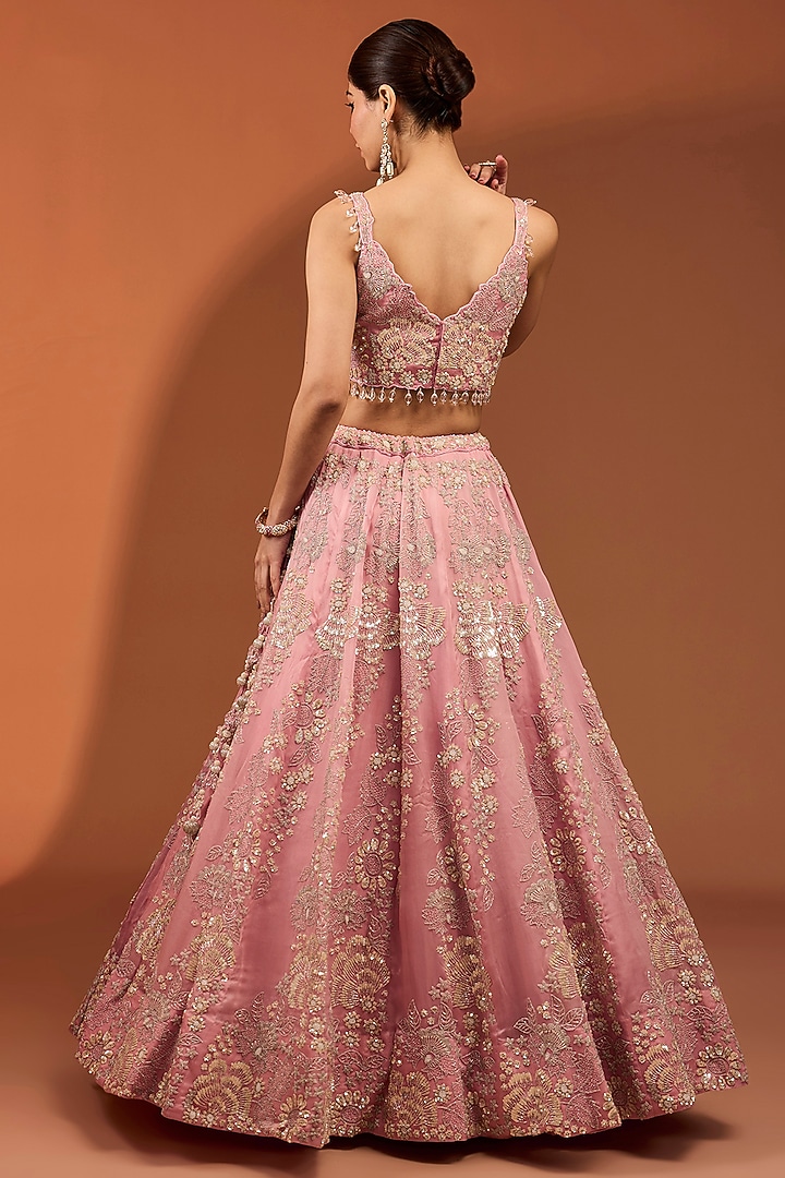 Pink Satin Organza Sequin & Cutdana Work Bridal Lehenga Set by SURBHI SHAH at Pernia's Pop Up Shop