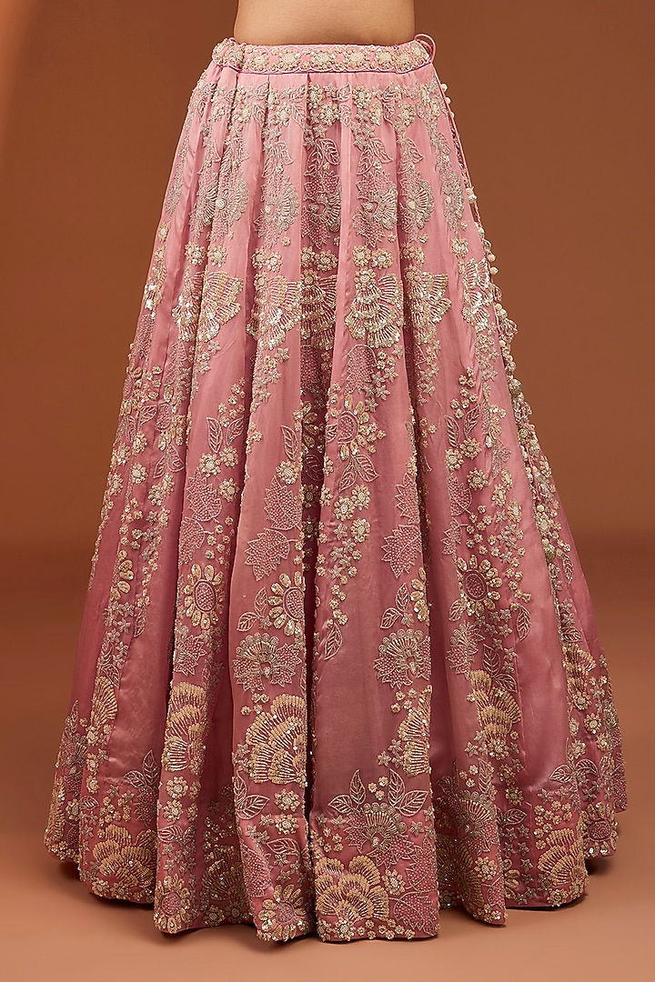 Pink Satin Organza Sequin & Cutdana Work Bridal Lehenga Set by SURBHI SHAH at Pernia's Pop Up Shop