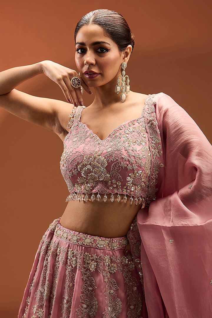 Pink Satin Organza Sequin & Cutdana Work Bridal Lehenga Set by SURBHI SHAH at Pernia's Pop Up Shop