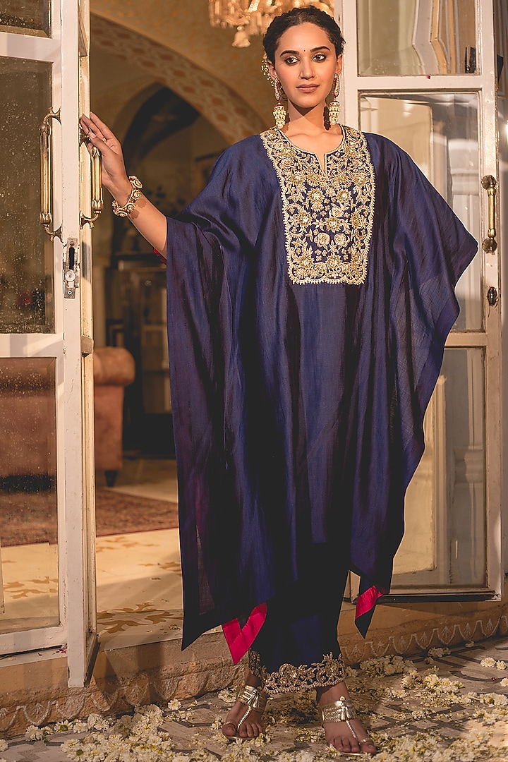 Navy Blue Spun Silk Zardosi Embroidered Kaftan Set by SURBHI SHAH at Pernia's Pop Up Shop