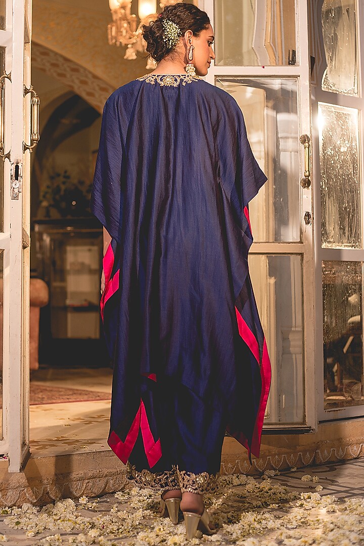 Navy Blue Spun Silk Zardosi Embroidered Kaftan Set by SURBHI SHAH at Pernia's Pop Up Shop
