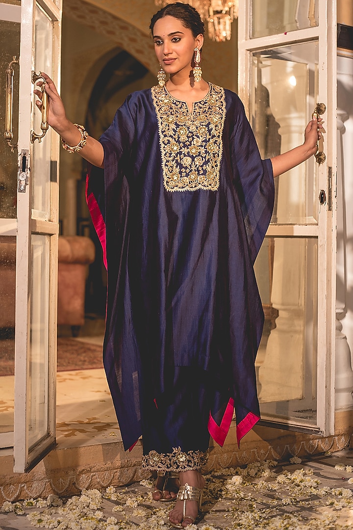 Navy Blue Spun Silk Zardosi Embroidered Kaftan Set by SURBHI SHAH at Pernia's Pop Up Shop