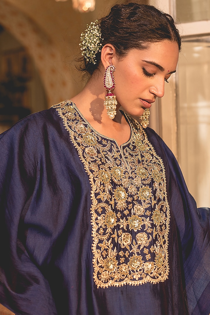 Navy Blue Spun Silk Zardosi Embroidered Kaftan Set by SURBHI SHAH at Pernia's Pop Up Shop