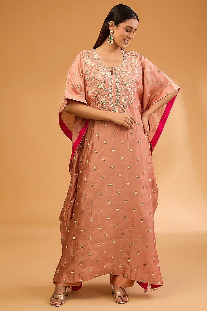 Old Rose Pure Spun Silk Pearl Work Kaftan Set by SURBHI SHAH at Pernia's Pop Up Shop