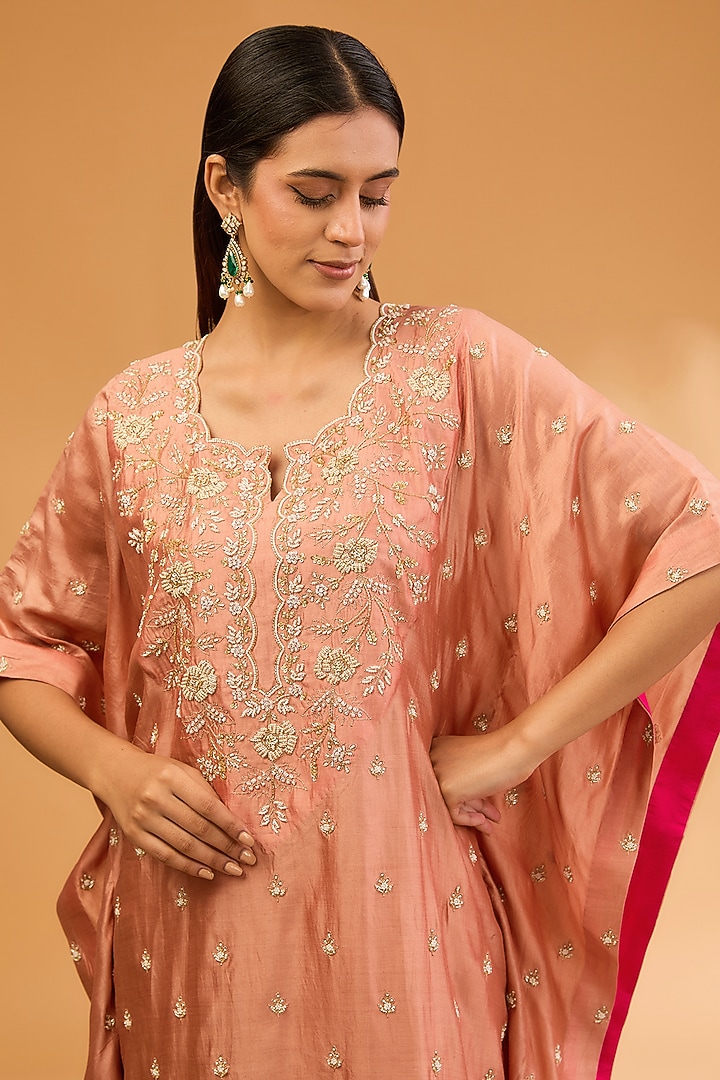Old Rose Pure Spun Silk Pearl Work Kaftan Set by SURBHI SHAH at Pernia's Pop Up Shop