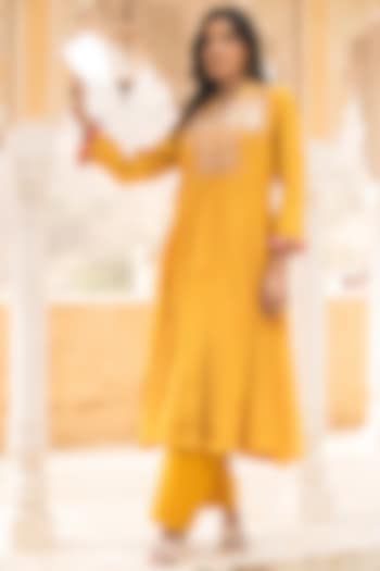 Mango Yellow Chanderi Marori Work Anarkali Set by SURBHI SHAH at Pernia's Pop Up Shop