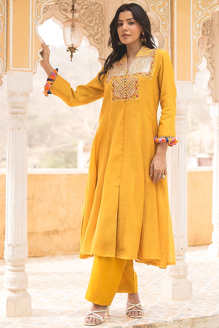 Mango Yellow Chanderi Marori Work Anarkali Set by SURBHI SHAH at Pernia's Pop Up Shop