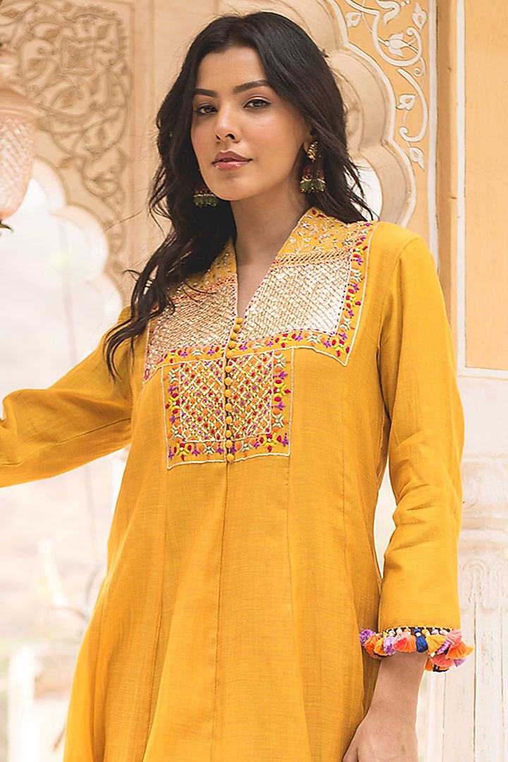 Mango Yellow Chanderi Marori Work Party Wear Anarkali Set by SURBHI SHAH at Pernia's Pop Up Shop