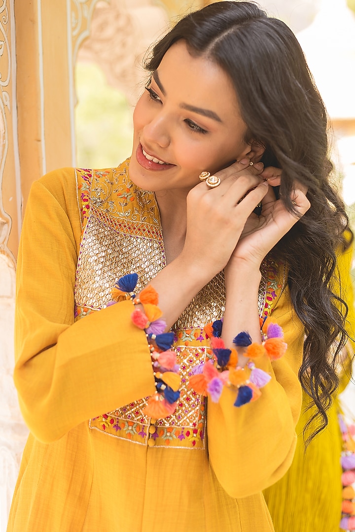 Mango Yellow Chanderi Marori Work Party Wear Anarkali Set by SURBHI SHAH at Pernia's Pop Up Shop