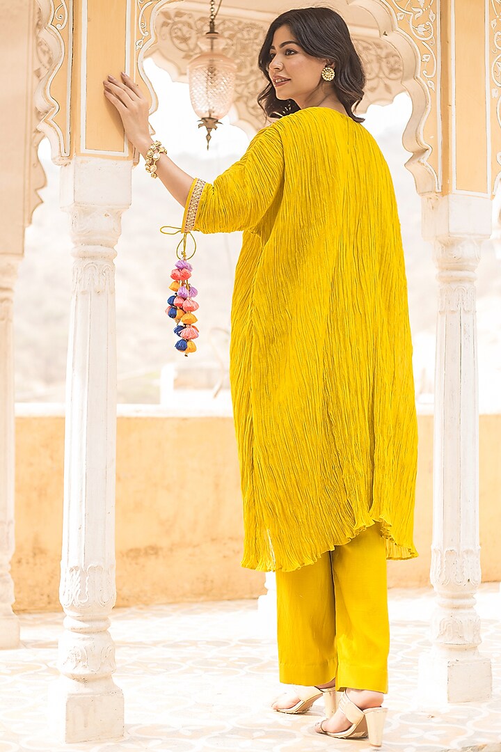 Lime Yellow Chanderi Crush Kurta Set by SURBHI SHAH at Pernia's Pop Up Shop