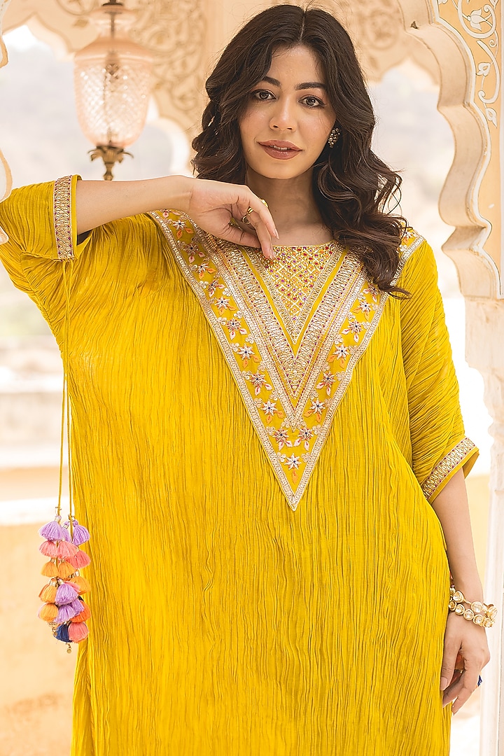 Lime Yellow Chanderi Crush Kurta Set by SURBHI SHAH at Pernia's Pop Up Shop