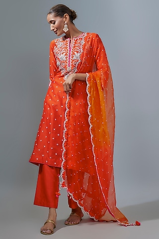 Orange Chanderi Zardosi Embroidered Banarasi Kurta Set by SURBHI SHAH