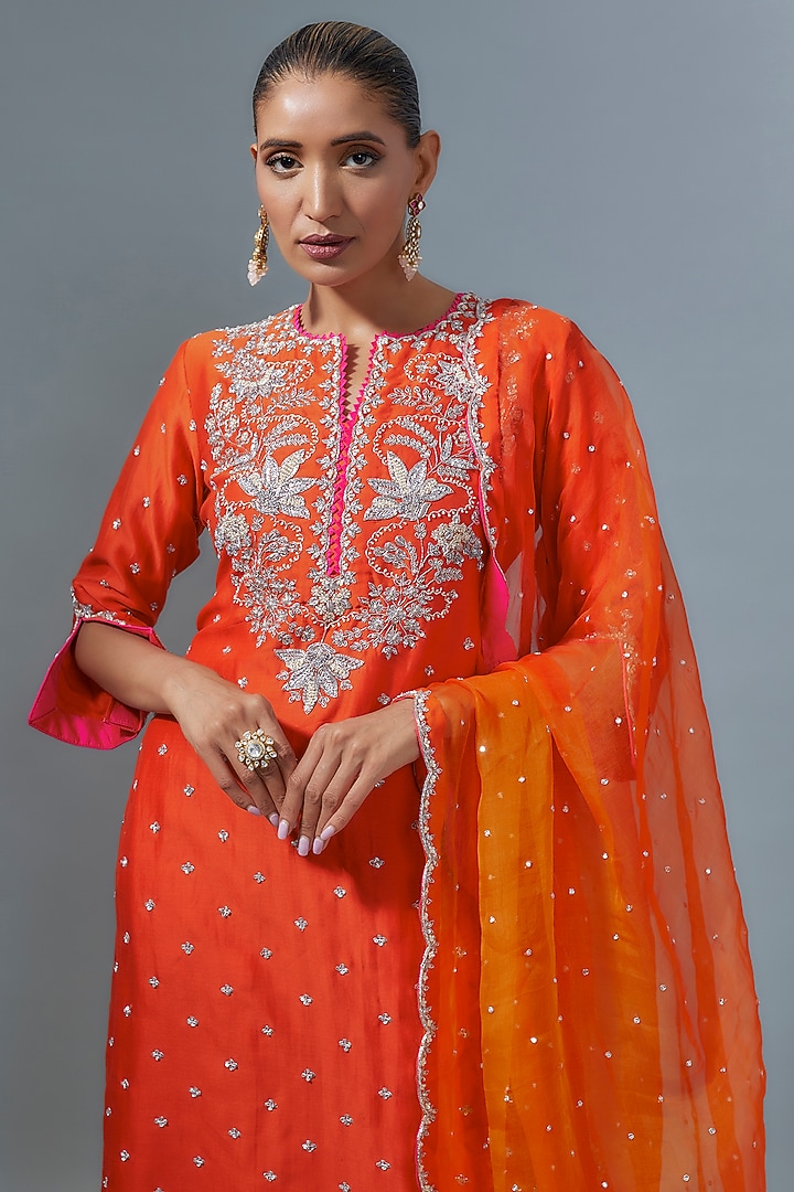 Orange Chanderi Zardosi Embroidered Banarasi Kurta Set by SURBHI SHAH at Pernia's Pop Up Shop