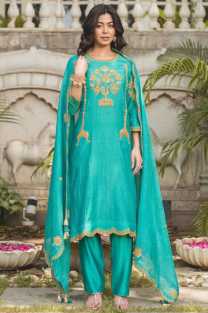 Sea Green Chanderi Marori Work Kurta Set by SURBHI SHAH at Pernia's Pop Up Shop