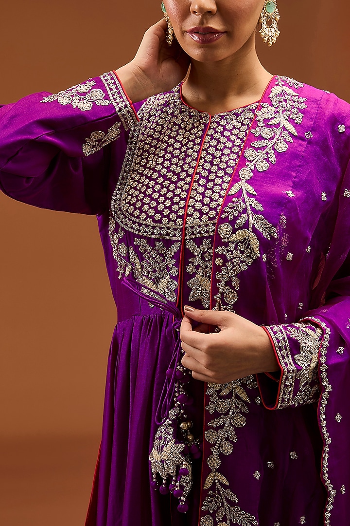 Magenta Pure Banarasi Chanderi Zardosi Work Wedding Anarkali Set by SURBHI SHAH at Pernia's Pop Up Shop