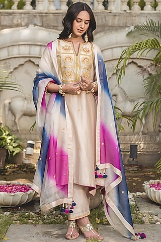 Silver Banarasi Chanderi Kurta Set by SURBHI SHAH