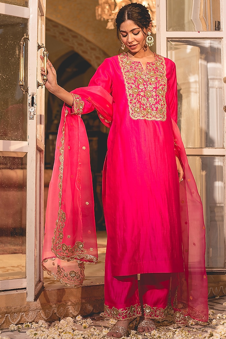 Hot Pink Spun Silk Zardosi Embroidered Kurta Set by SURBHI SHAH at Pernia's Pop Up Shop