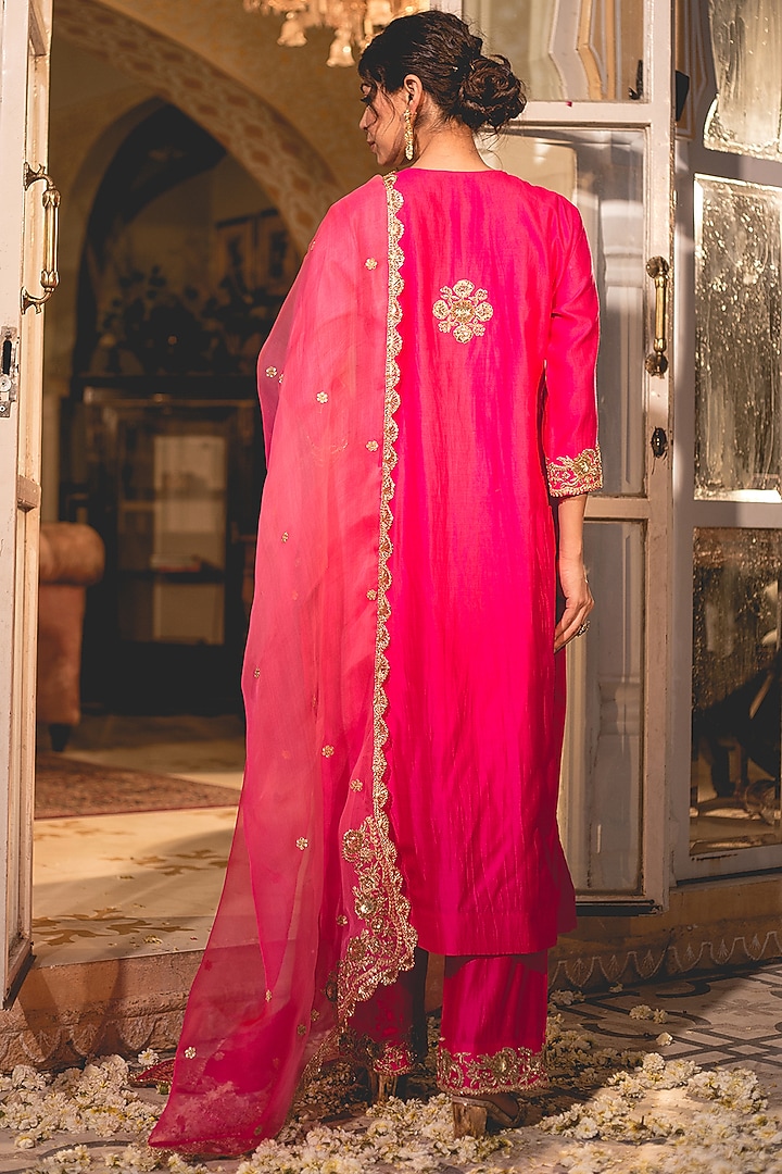 Hot Pink Spun Silk Zardosi Embroidered Kurta Set by SURBHI SHAH at Pernia's Pop Up Shop