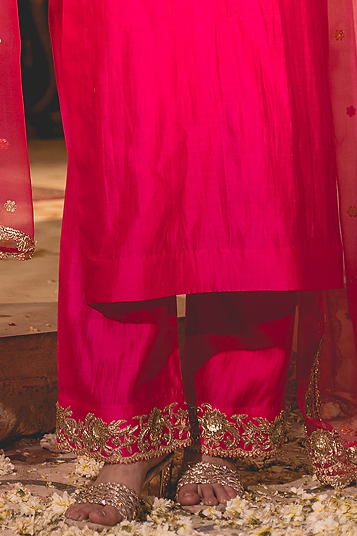 Hot Pink Spun Silk Zardosi Embroidered Kurta Set by SURBHI SHAH at Pernia's Pop Up Shop