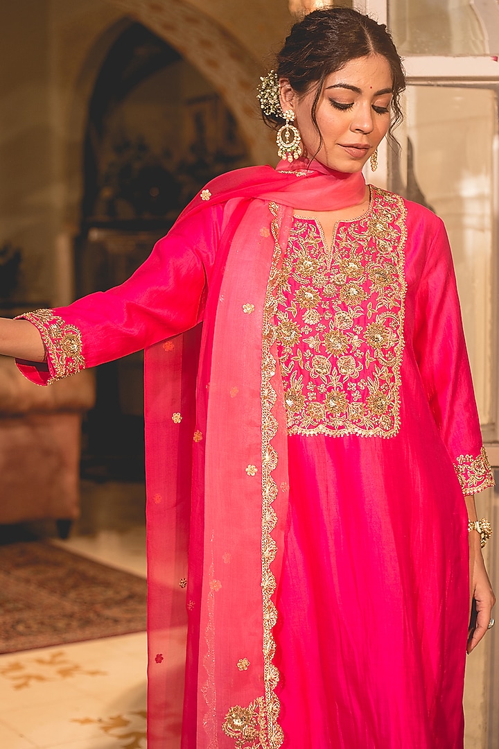 Hot Pink Spun Silk Zardosi Embroidered Kurta Set by SURBHI SHAH at Pernia's Pop Up Shop