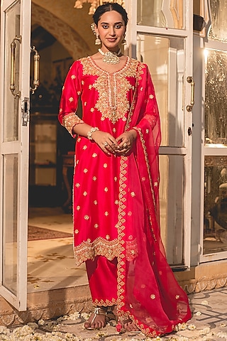 Red Spun Silk Marori Work Kurta Set by SURBHI SHAH