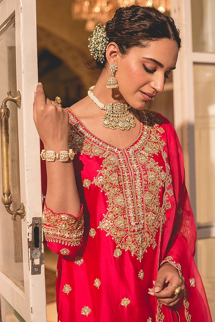 Red Spun Silk Marori Work Kurta Set by SURBHI SHAH at Pernia's Pop Up Shop