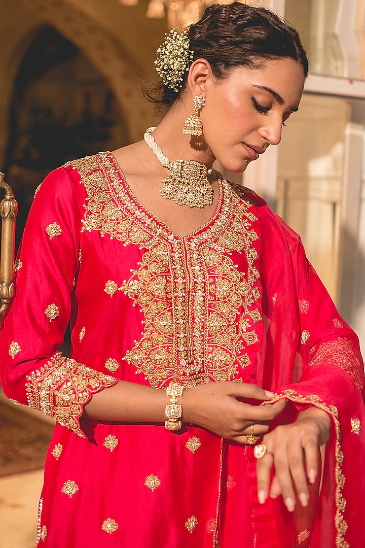 Red Spun Silk Marori Work Kurta Set by SURBHI SHAH at Pernia's Pop Up Shop