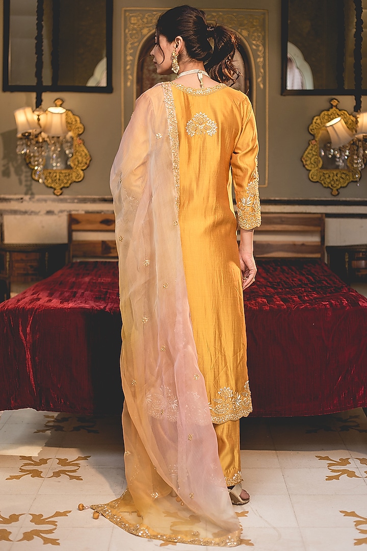Mustard Yellow Spun Silk Marori & Pearl Work Kurta Set by SURBHI SHAH at Pernia's Pop Up Shop