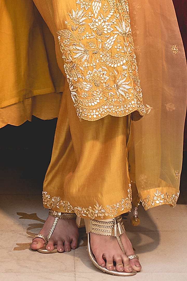 Mustard Yellow Spun Silk Marori & Pearl Work Kurta Set by SURBHI SHAH at Pernia's Pop Up Shop