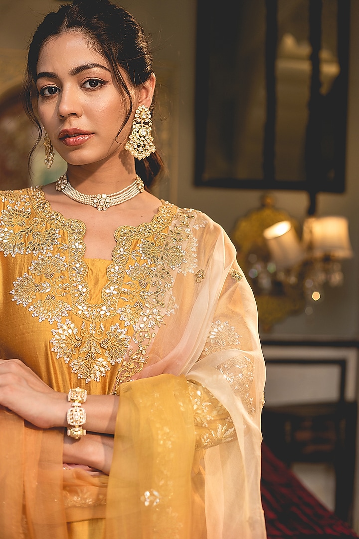Mustard Yellow Spun Silk Marori & Pearl Work Kurta Set by SURBHI SHAH at Pernia's Pop Up Shop
