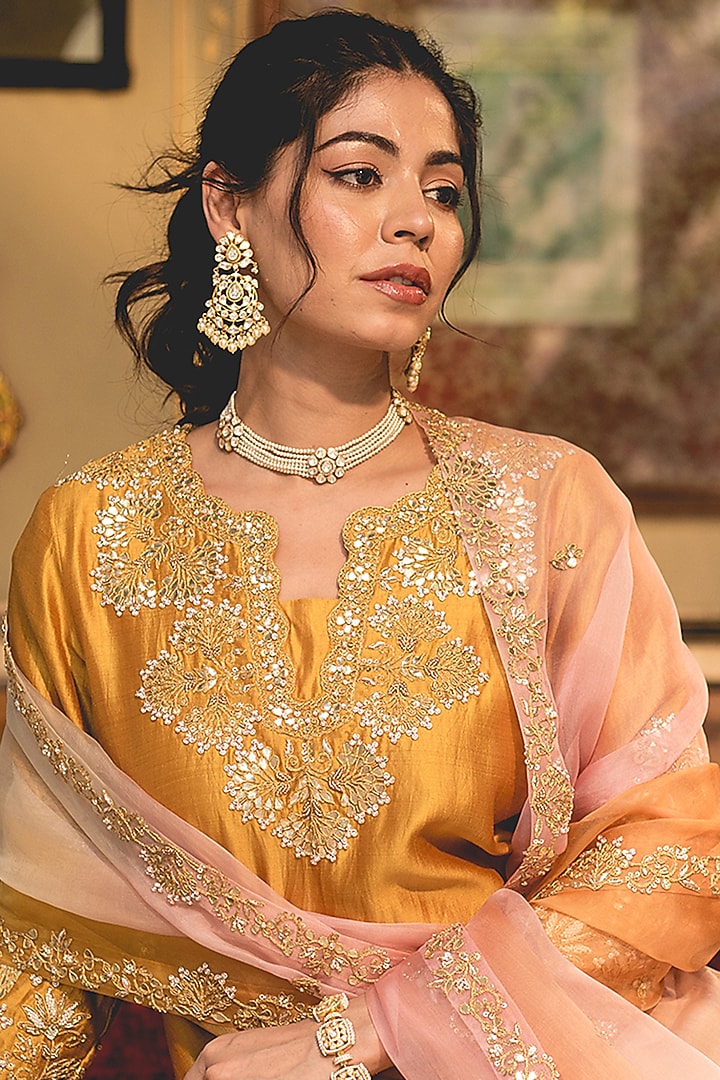Mustard Yellow Spun Silk Marori & Pearl Work Kurta Set by SURBHI SHAH at Pernia's Pop Up Shop